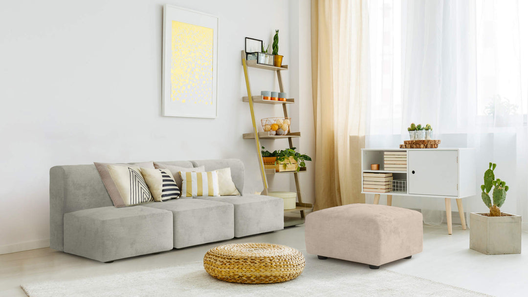 Bohemian living room with Muji Unit Sofa in Performance Weave Stone and Performance Weave Cream slipcover
