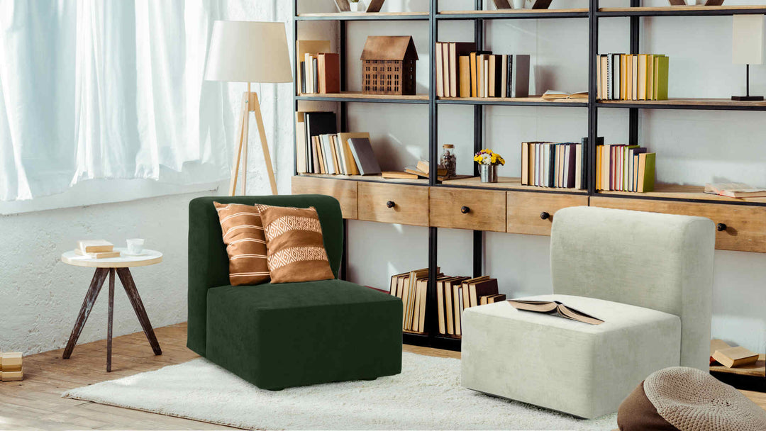 Study room with Muji Unit Sofa in Classic Velvet Forest Green and Performance Weave Stone slipcover