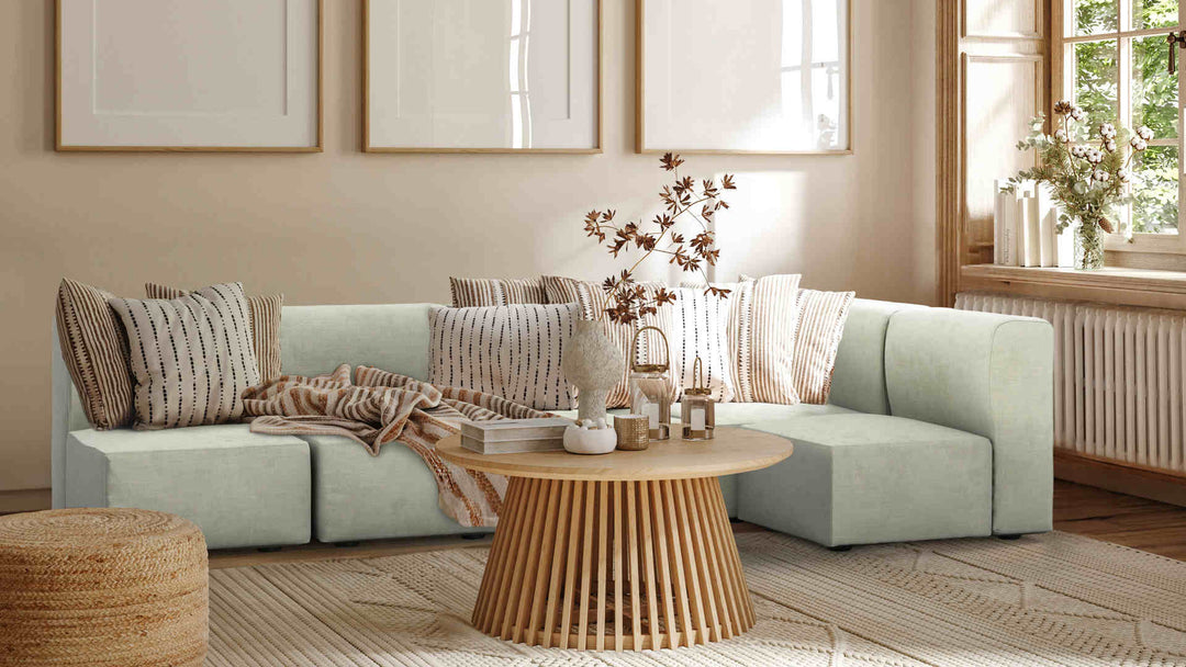 Scandinavian living room with Room and Board Metro sofa in Performance Weave Stone slipcover