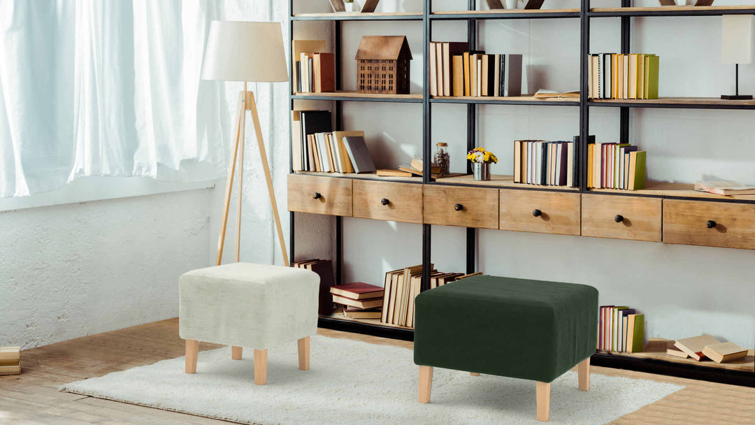 Study room with Muji Sofa 2005 sofa in Classic Velvet Forest Green and Performance Weave Stone slipcover