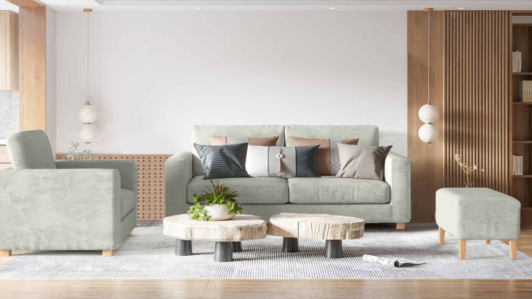 Modern living room with Muji Sofa 2005 sofa in Performance Weave Stone fabric slipcover