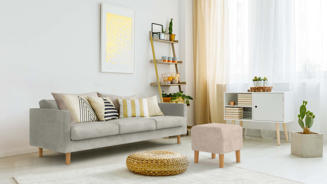 Bohemian living room with Muji Sofa 2005 sofa in Performance Weave Stone and Performance Weave Cream slipcover