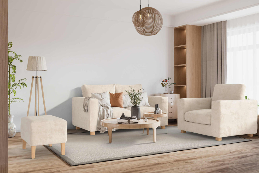 Japandi living room with Muji Sofa 2002 sofa in Performance Weave Cream fabric slipcover