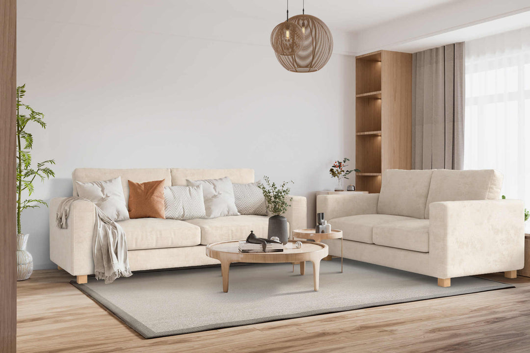 Japandi living room with Muji Sofa 2002 in Performance Weave Cream fabric slipcover