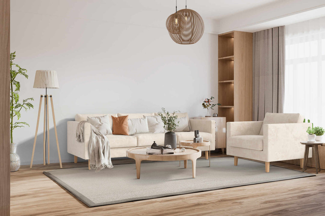 Japandi living room with Muji Sofa 2005 sofa in Performance Weave Cream fabric slipcover