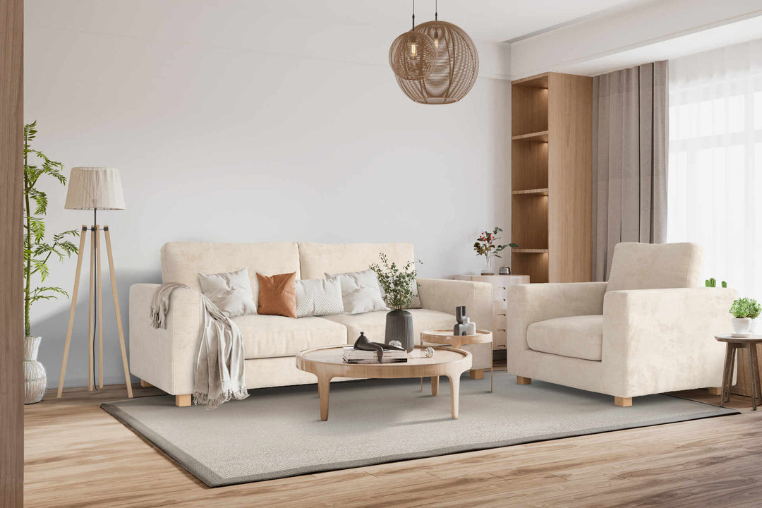 Japandi living room with Muji Sofa 2002 in Performance Weave Cream fabric slipcover
