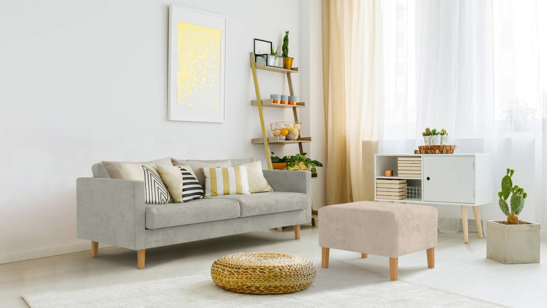 Bohemian living room with Muji Sofa 2005 sofa in Performance Weave Stone and Performance Weave Cream slipcover