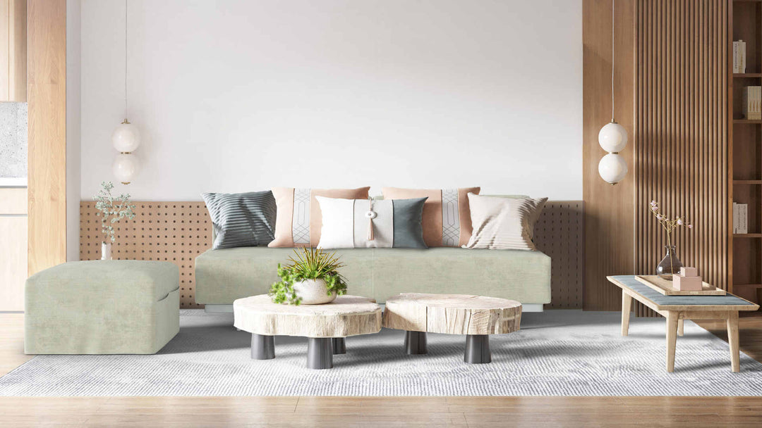 Modern living room with Muji T2 Sofabed sofa in Performance Weave Stone fabric slipcover