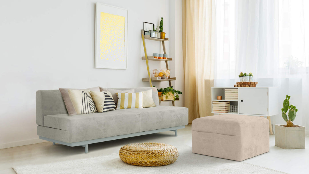 Bohemian living room with Muji T2 Sofabed sofa in Performance Weave Stone and Performance Weave Cream slipcover