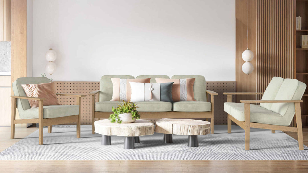 Modern living room with Muji Ash Sofa in Performance Weave Stone fabric slipcover