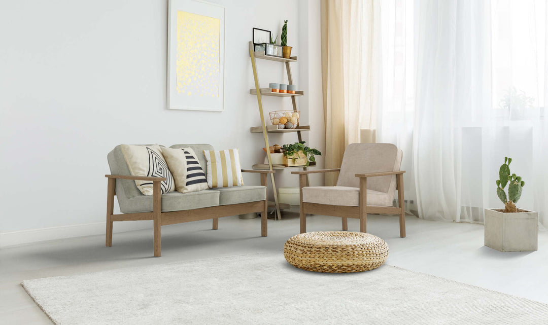 Bohemian living room with Muji Ash Sofa in Performance Weave Stone and Performance Weave Cream slipcover