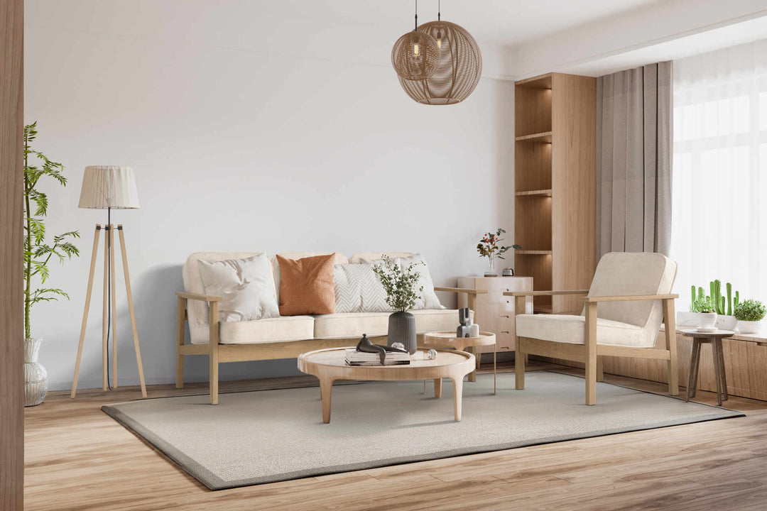 Japandi living room with Muji Ash Sofa in Performance Weave Cream fabric slipcover