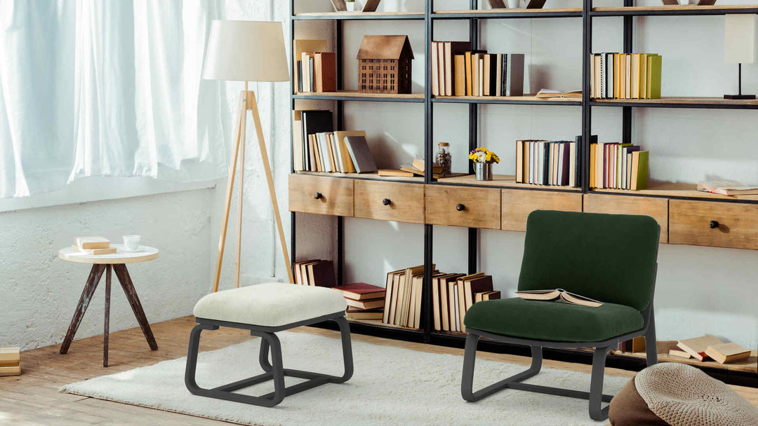 Study room with Muji Living & Dining Room bench sofa in Classic Velvet Forest Green and Performance Weave Stone slipcover