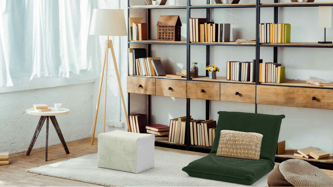 Study room with Muji Floor Chair in Classic Velvet Forest Green and Performance Weave Stone slipcover
