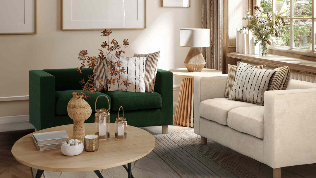 Nordic Minimalist living room with Muji Box Sofa in Classic Velvet Forest Green and Performance Weave Cream slipcover