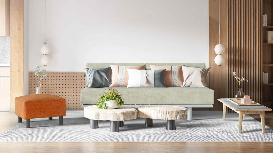 Modern living room with Muji Sofa Bench sofa in Performance Weave Stone and Comfort Chenille Burnt Orange slipcover