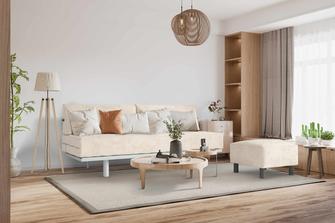 Japandi living room with Muji Sofa Bed sofa in Performance Weave Cream fabric slipcover