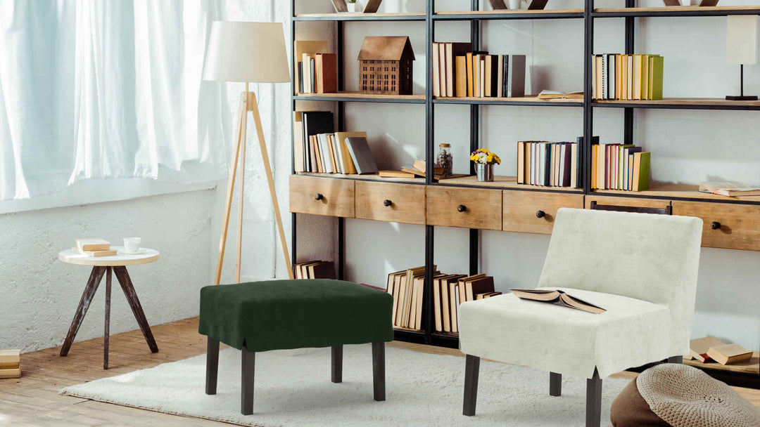 Study room with Muji Old Compact Sofa in Classic Velvet Forest Green and Performance Weave Stone slipcover