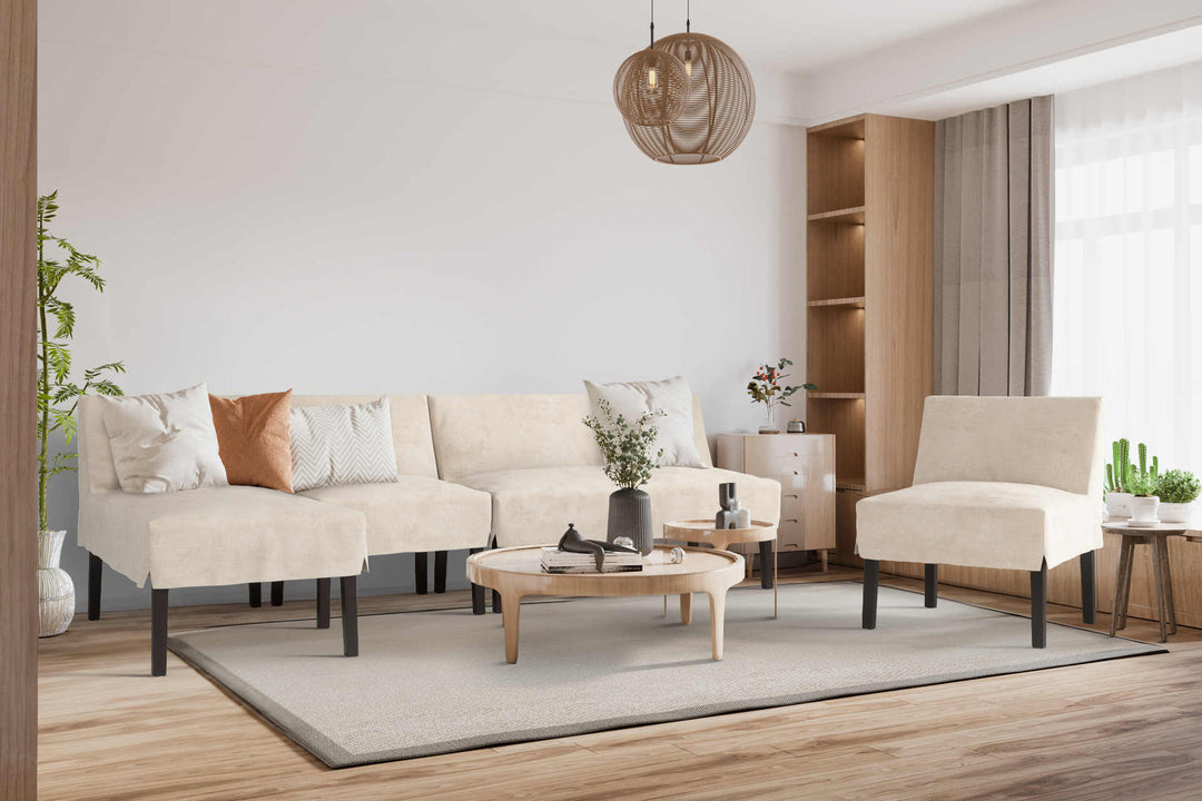 Japandi living room with Muji Old Compact Sofa in Performance Weave Cream fabric slipcover