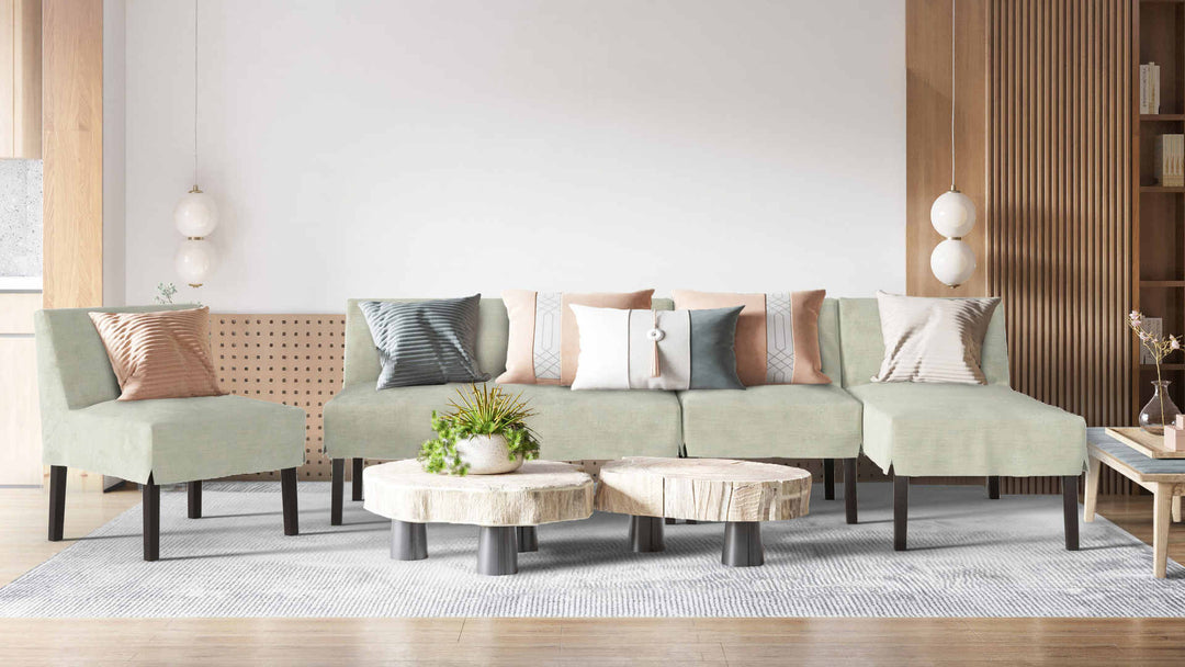 Modern living room with Muji Old Compact Sofa in Performance Weave Stone fabric slipcover