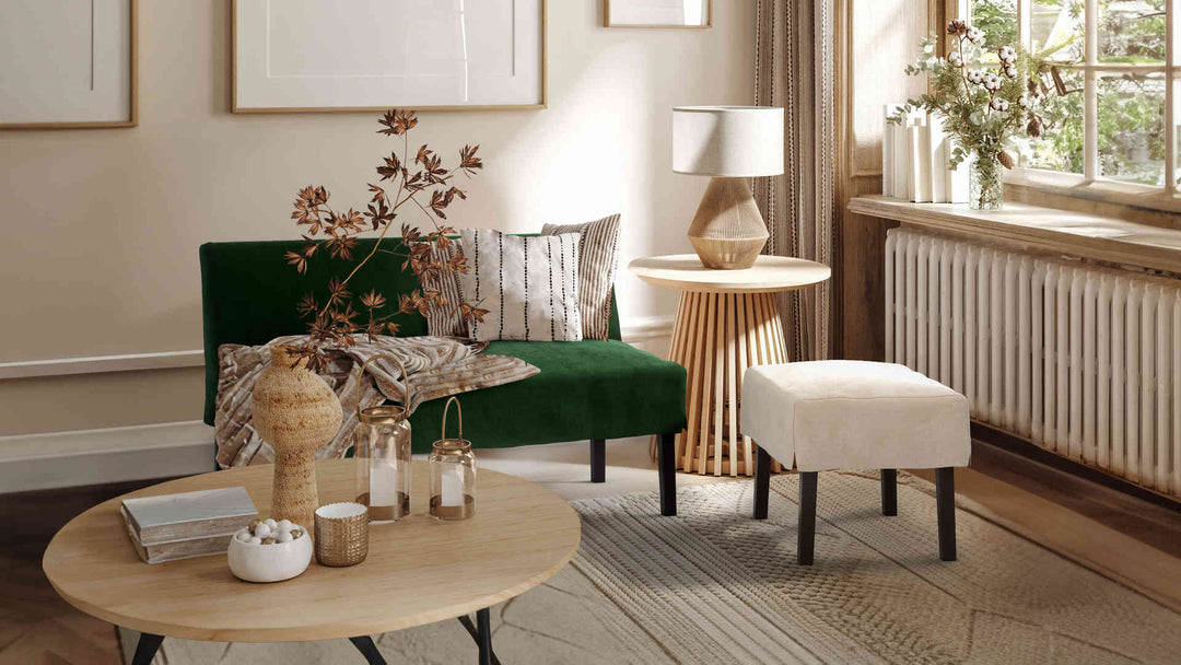 Nordic Minimalist living room with Muji Old Compact Sofa in Classic Velvet Forest Green and Performance Weave Cream slipcover