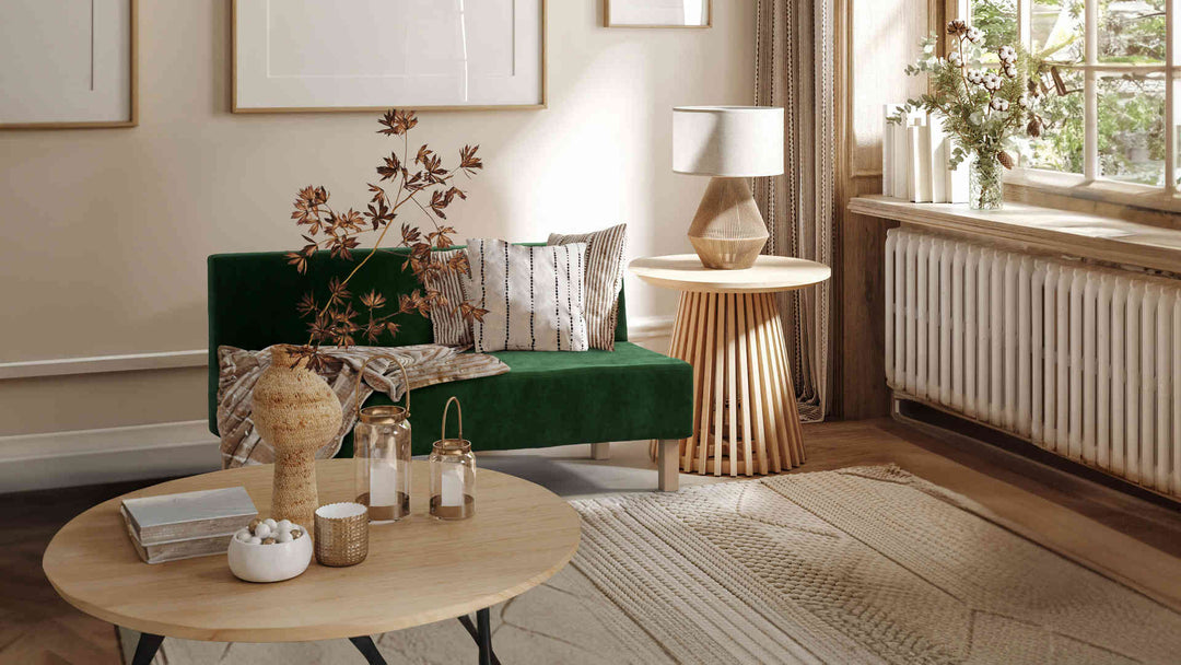 Nordic Minimalist living room with Muji Compact Sofa 2004 sofa in Classic Velvet Forest Green slipcover