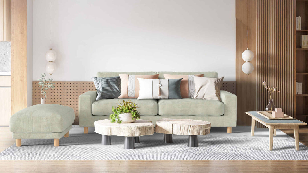 Modern living room with Muji Wide Arm sofa in Performance Weave Stone fabric slipcover