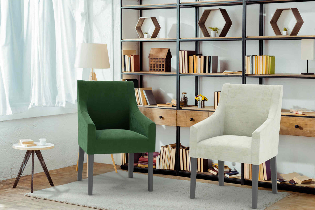 Study room with IKEA Sakarias sofa in Classic Velvet Forest Green and Performance Weave Stone slipcover