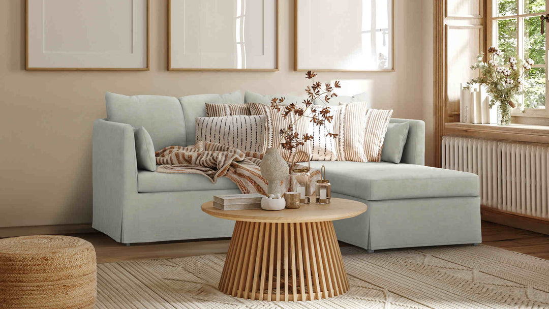 Nordic Minimalist living room with IKEA Sandbacken sofa in Performance Weave Stone slipcover