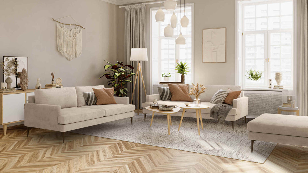 Scandinavian living room with West Elm Andes sofa in Performance Weave Cream slipcover