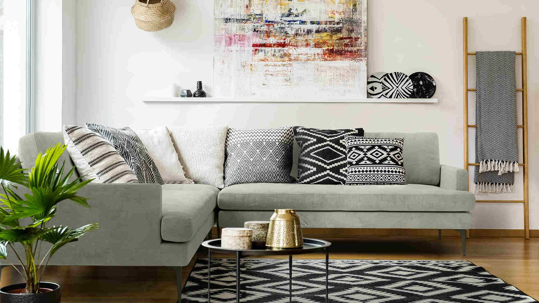 Scandinavian living room with West Elm Andes sofa in Performance Weave Stone slipcover