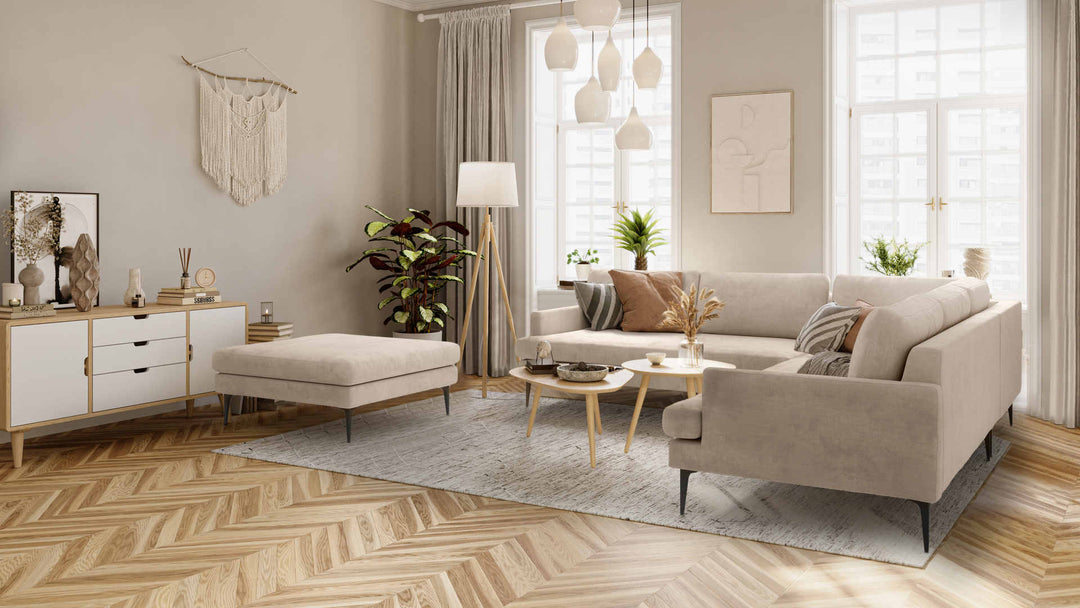 Scandinavian living room with West Elm Andes sofa in Performance Weave Cream slipcover