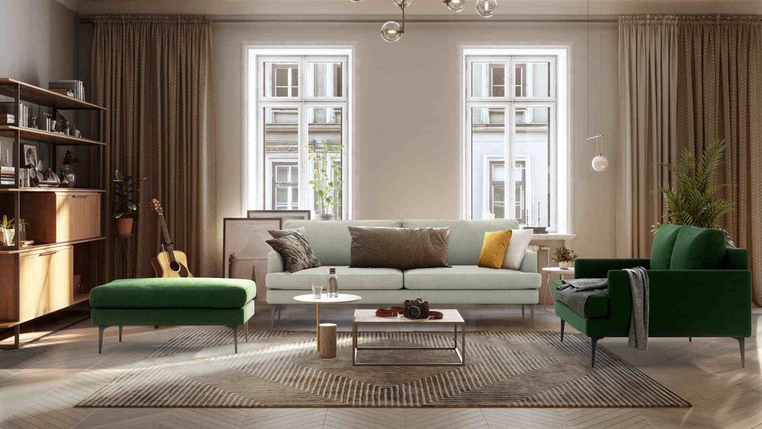 Scandinavian living room with West Elm Andes sofa in Classic Velvet Forest Green and Performance Weave Stone slipcover