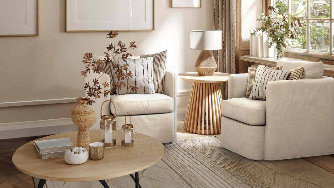Nordic Minimalist living room with West Elm Auburn sofa in Performance Weave Cream fabric slipcover