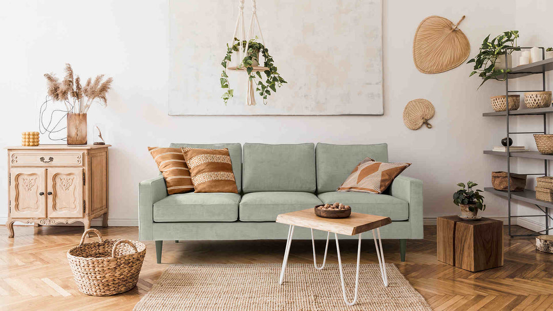 Scandinavian living room with West Elm Drake sofa in Performance Weave Stone slipcover