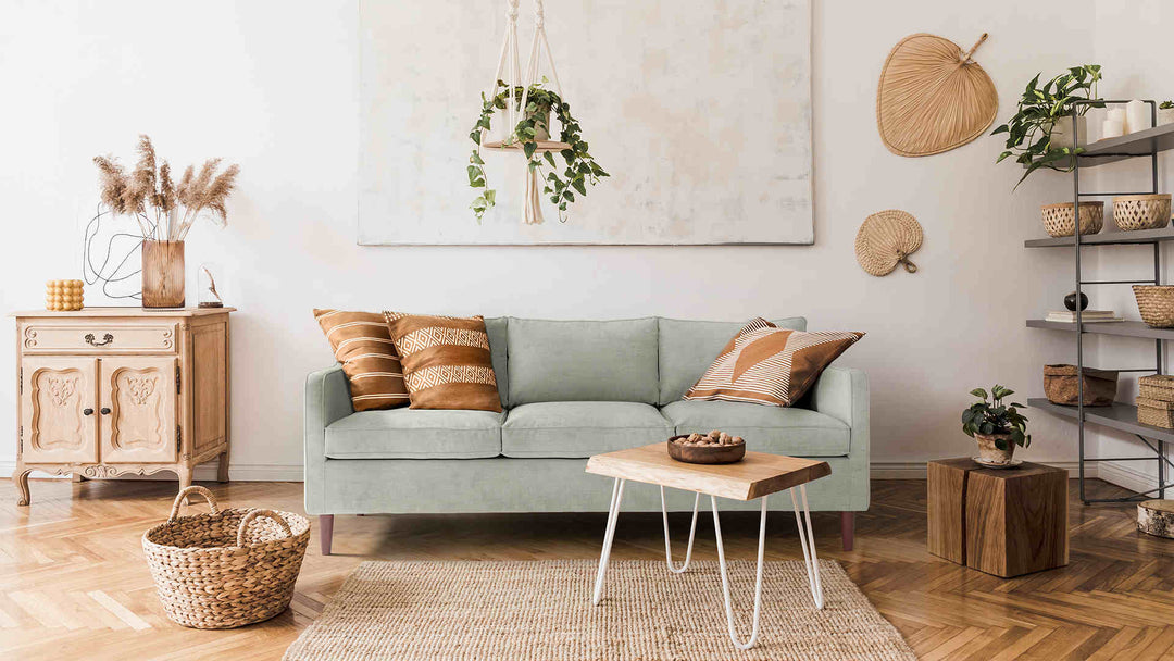 Scandinavian living room with West Elm Hamilton sofa in Performance Weave Stone slipcover