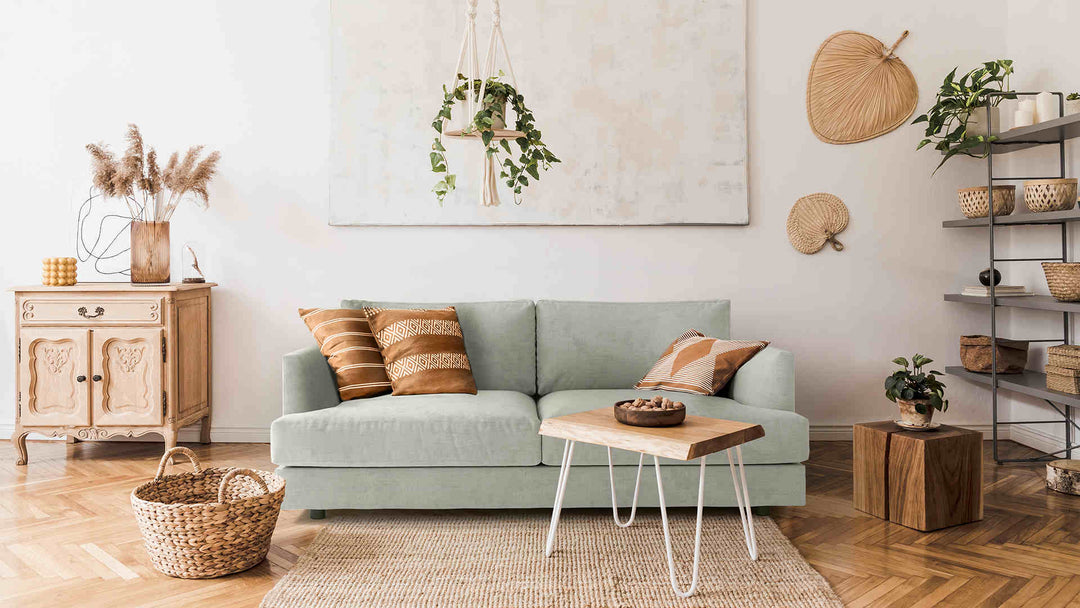 Scandinavian living room with West Elm Haven sofa in Performance Weave Stone slipcover