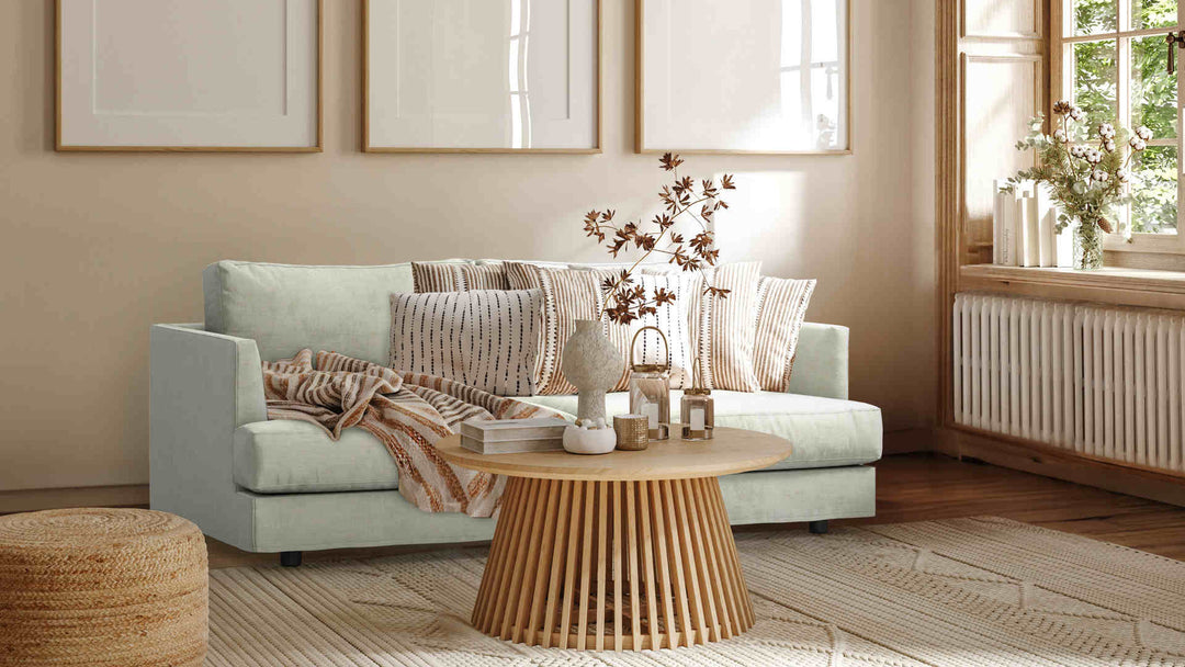 Nordic Minimalist living room with West Elm Haven sofa in Performance Weave Stone slipcover