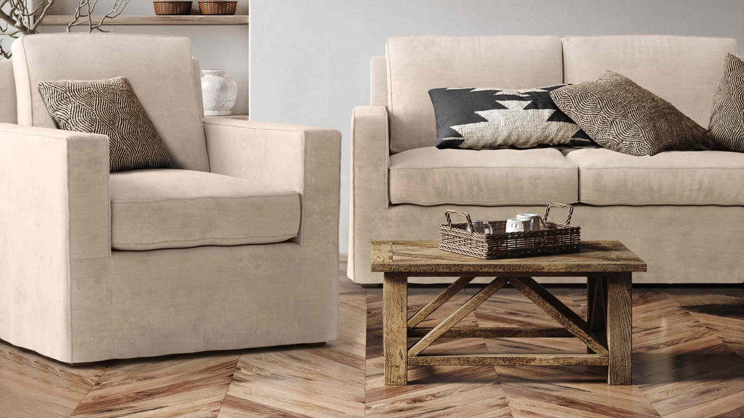 Rustic living room with West Elm Henry sofa in Performance Weave Cream slipcover