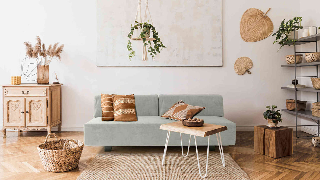 Scandinavian living room with West Elm Tillary sofa in Performance Weave Stone slipcover