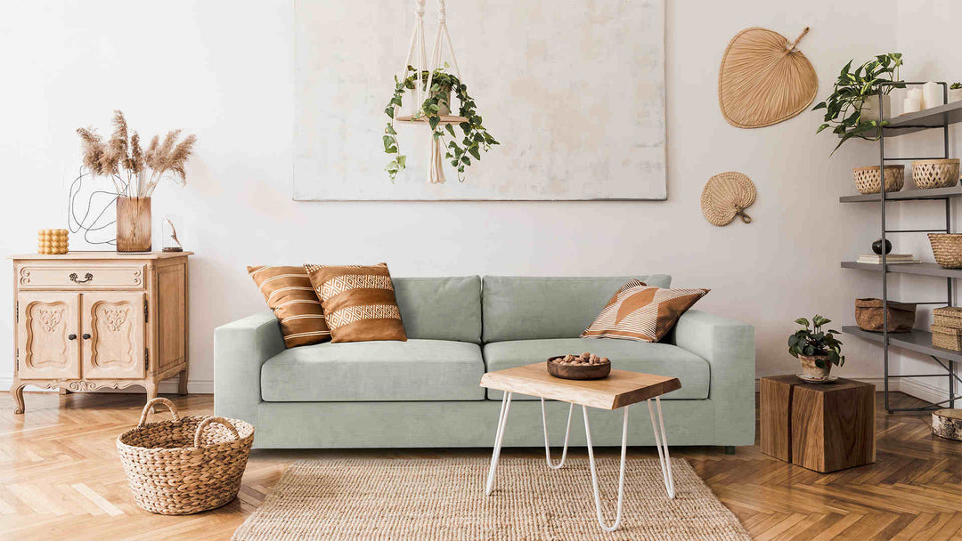 Scandinavian living room with West Elm Urban sofa in Performance Weave Stone slipcover
