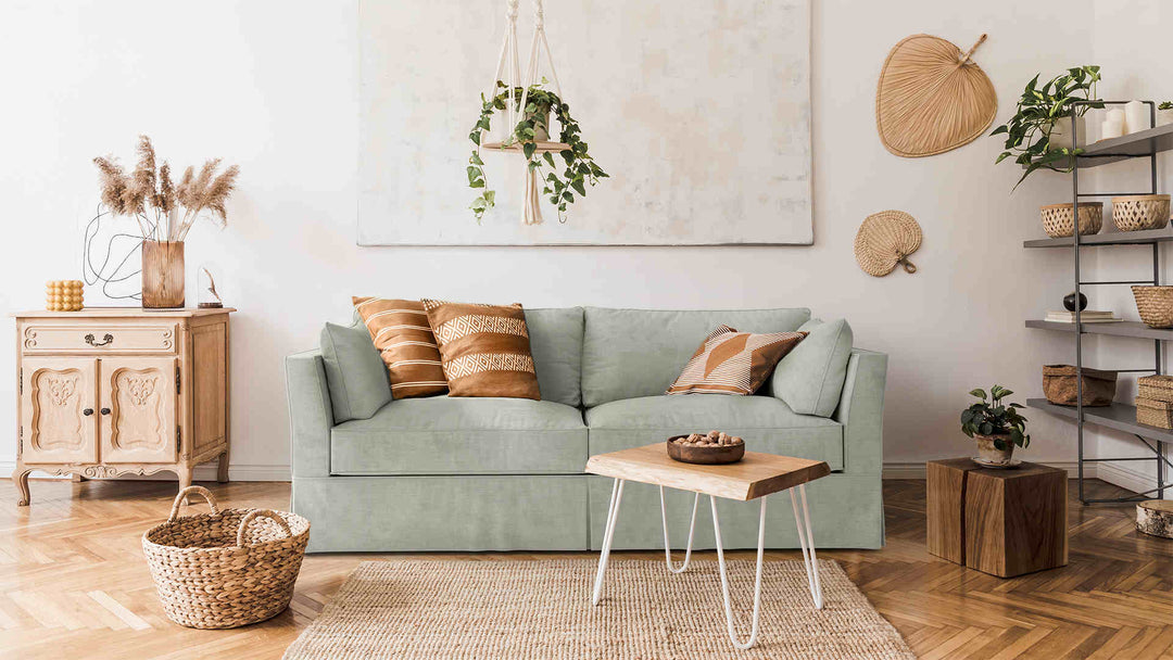 Scandinavian living room with Rowe Darby sofa in Performance Weave Stone slipcover