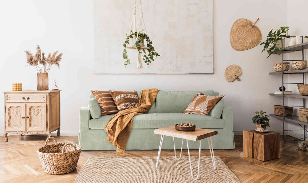 Scandinavian living room with Restoration Hardware Belgian Slope sofa in Performance Weave Stone slipcover