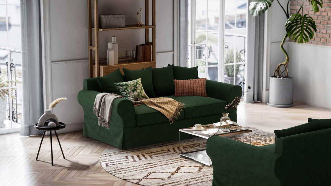 Nordic Minimalist living room with Maison du Monde Bastide sofa in Classic Velvet Forest Green slipcover