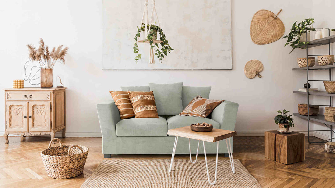 Scandinavian living room with Maison du Monde Balthazar sofa in Performance Weave Stone slipcover