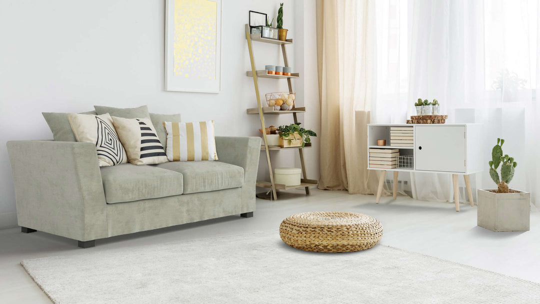 Bohemian living room with Maison du Monde Balthazar sofa in Performance Weave Stone fabric slipcover