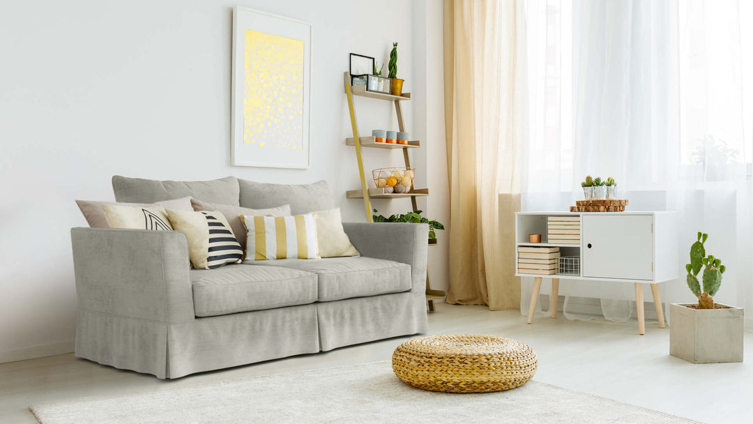 Bohemian living room with Maison du Monde Roma sofa in Performance Weave Stone fabric slipcover