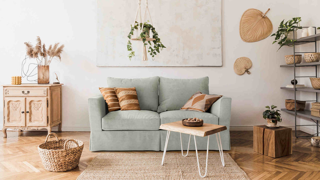 Scandinavian living room with Maison du Monde Roma sofa in Performance Weave Stone slipcover