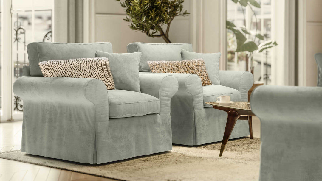 Scandinavian living room with Maison du Monde Butterfly sofa in Performance Weave Stone slipcover