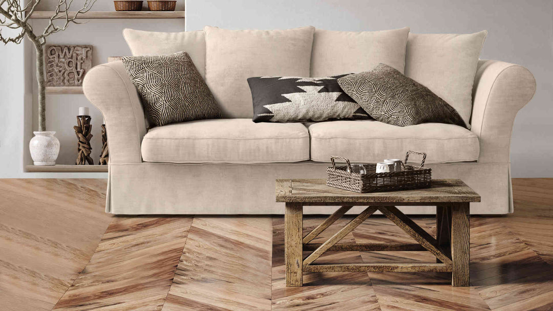 Rustic living room with Maison du Monde Roma sofa in Performance Weave Cream slipcover